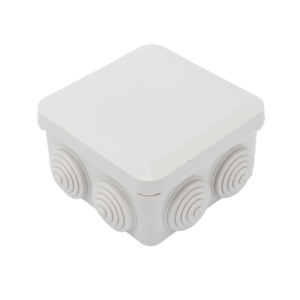 Caja Estanca, Derivación, Conexión de Plástico (89 X 89 X 50 mm) con 7 Glándulas de Goma. Para Instalaciones Comerciales, Residenciales e Industriales. Cerrado a Presión.