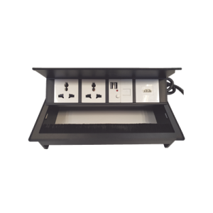 Caja Horizontal Tipo Hub para Escritorio Color Negro, con 1 Puerto HDMI Hembra-Hembra, 1 Puerto RJ45 Cat6, 2 Puertos USB (Solo Carga), y 2 Contactos Eléctricos Universales